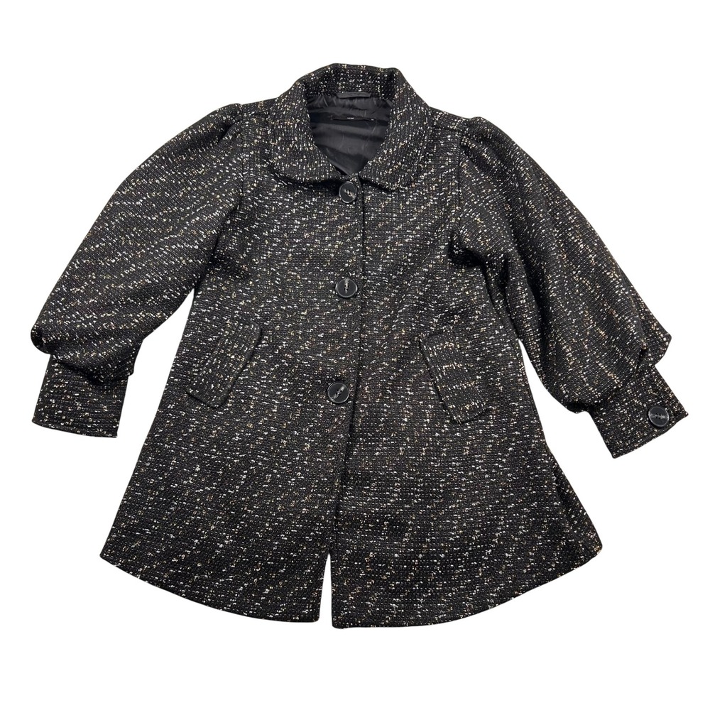 Azel Hazel Coat Womens M Black Gold Metallic Tweed Puff Sleeve Peter Pan Collar
